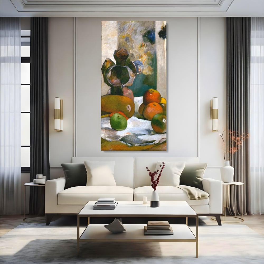 Tablou canvas cu pictura natura moarta cu fructe si vaza, fara rama, pe sasiu de lemn, pe perete intr-un living